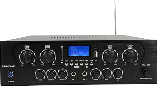 Miniatura 5 de Rockville RPA40BT 1000W Receptor amplificador Bluetooth estéreo para el hogar de 4 zonas, audio multihabitación, entradas RCAUSBSDópticas, mezclador