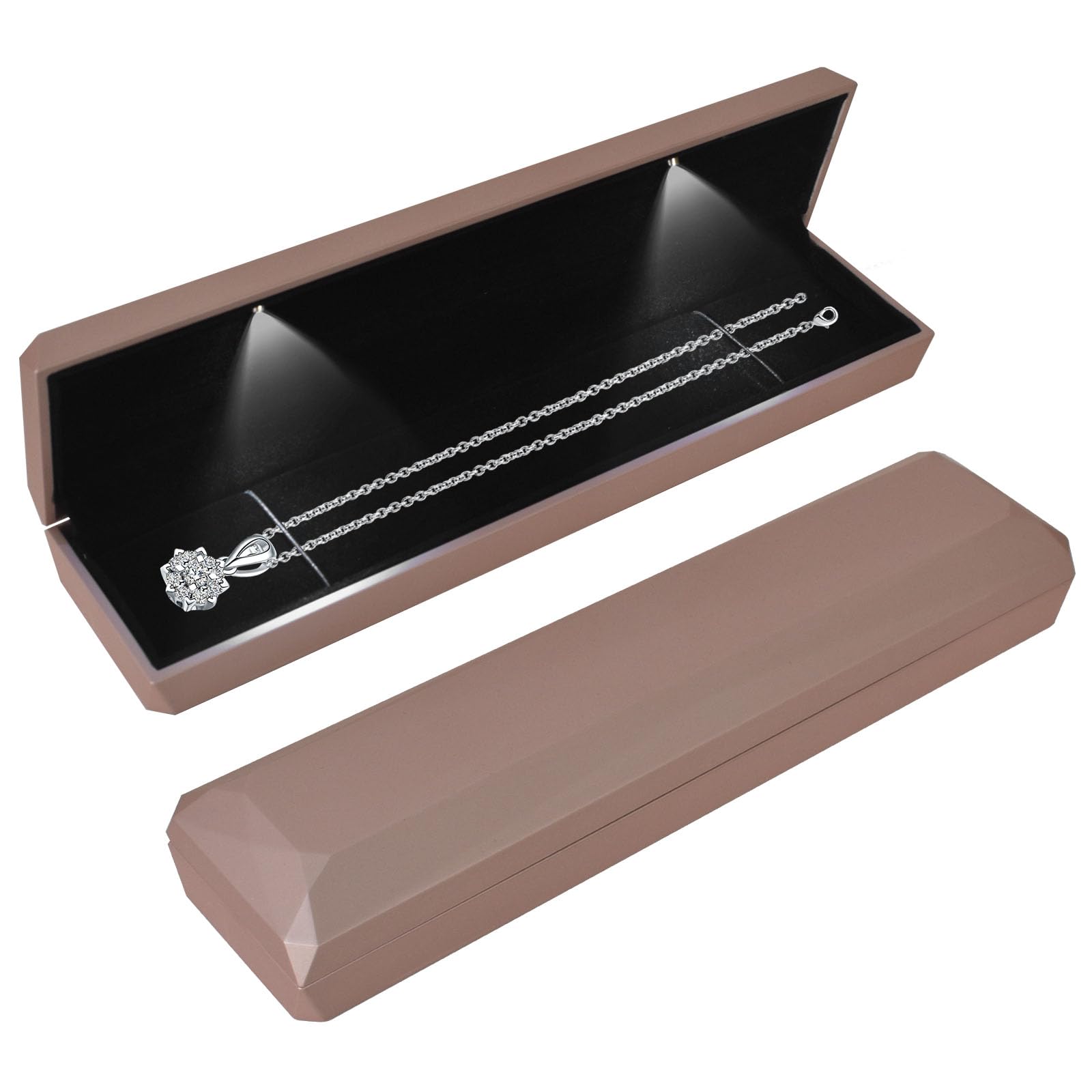 Colexy Rosegold Long Necklace Box With Led Light, Necklace Bracelets Pendant Watch Chain Jewelry Gift Box, Velvet Jewelry Display Case With 2 Led Light, For Proposal Engagement Wedding, 23*5.5*3.5Cm,