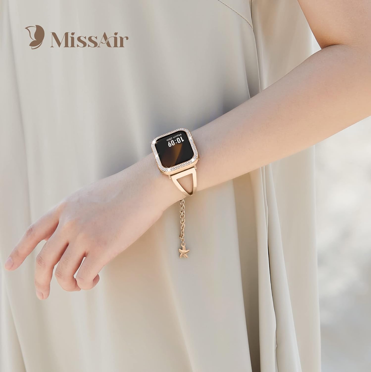 Missair Bling Case Compatible with Apple Watch Series 6 5 4 SE, Women Glitter Double Row Crystal Diamond Frame Stainless Steel Metal Protective Cover Bumper for iWatch 40mm, Rosegold - Image 6