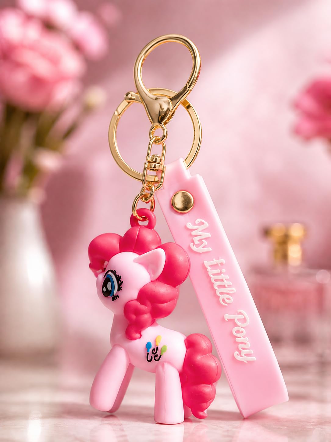 Unicorn Keychain, Pink, Silicone with Metal Ring, 3D Cartoon Pony Figure, Bag Charm for Girls and Kids-image-1