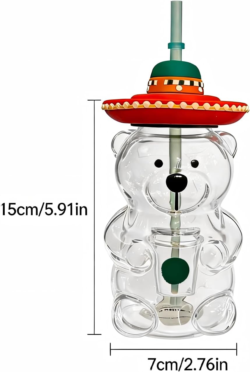 Bear Straw Cup Glass Bear Cup with Lids and Straws Cute Coffee Mugs 20oz Drinking Water Bottle Reusable Party Mug for Milk Tea, and Cocktails, Dishwasher Safe (red1)