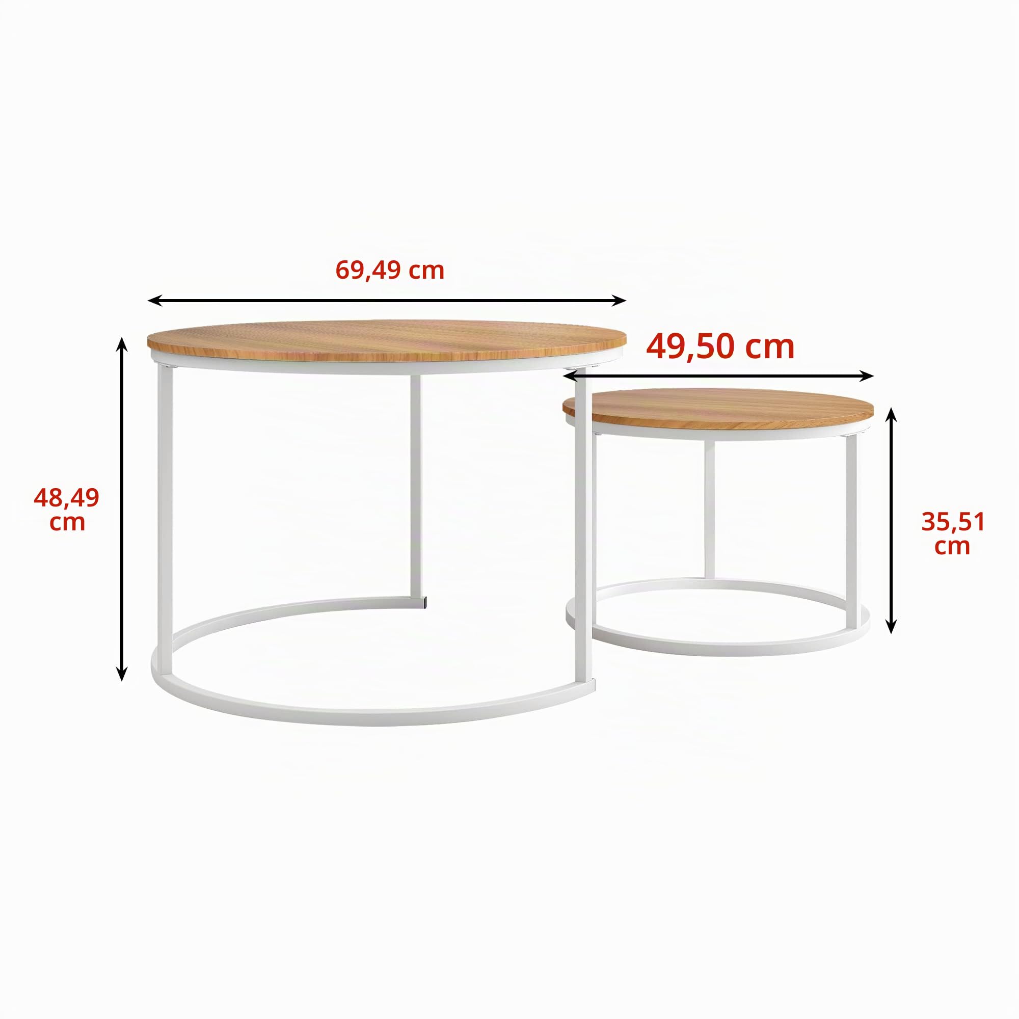 BOFENG – Lot de 2 tables basses gigognes rondes pour salon/chambre/petit espace (blanc + chêne)