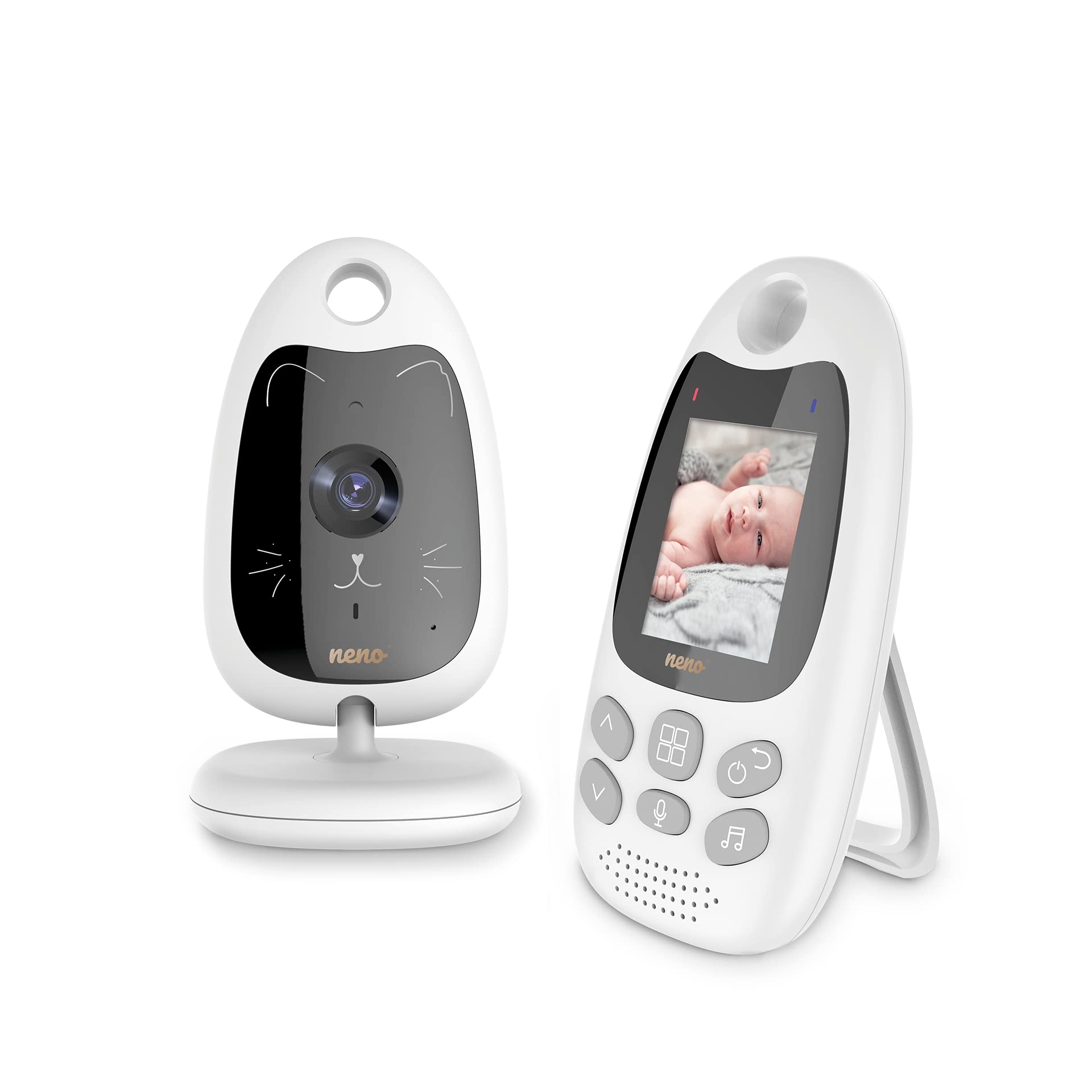 Neno Gato 2 Baby Monitor con fotocamera da 2 pollici, audio a 2 vie, visione notturna, 8 ninne, sensore di temperatura