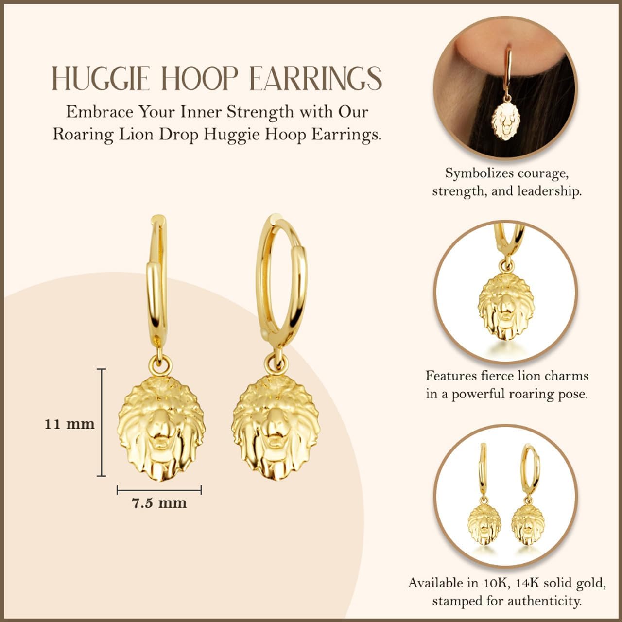 Women's 10K or 14K Yellow Gold Leo Zodiac Sign Roaring Lion Head Drop Huggie Hoop Earrings