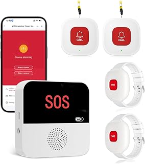 Life Alert Systems for Seniors No Monthly Fee, Wi-Fi APP Control Wireless Caregiver Pager for Elderly at Home, Medical Alert Systems for Patients with 1 Receiver 2 Call Button 2 Watch Button