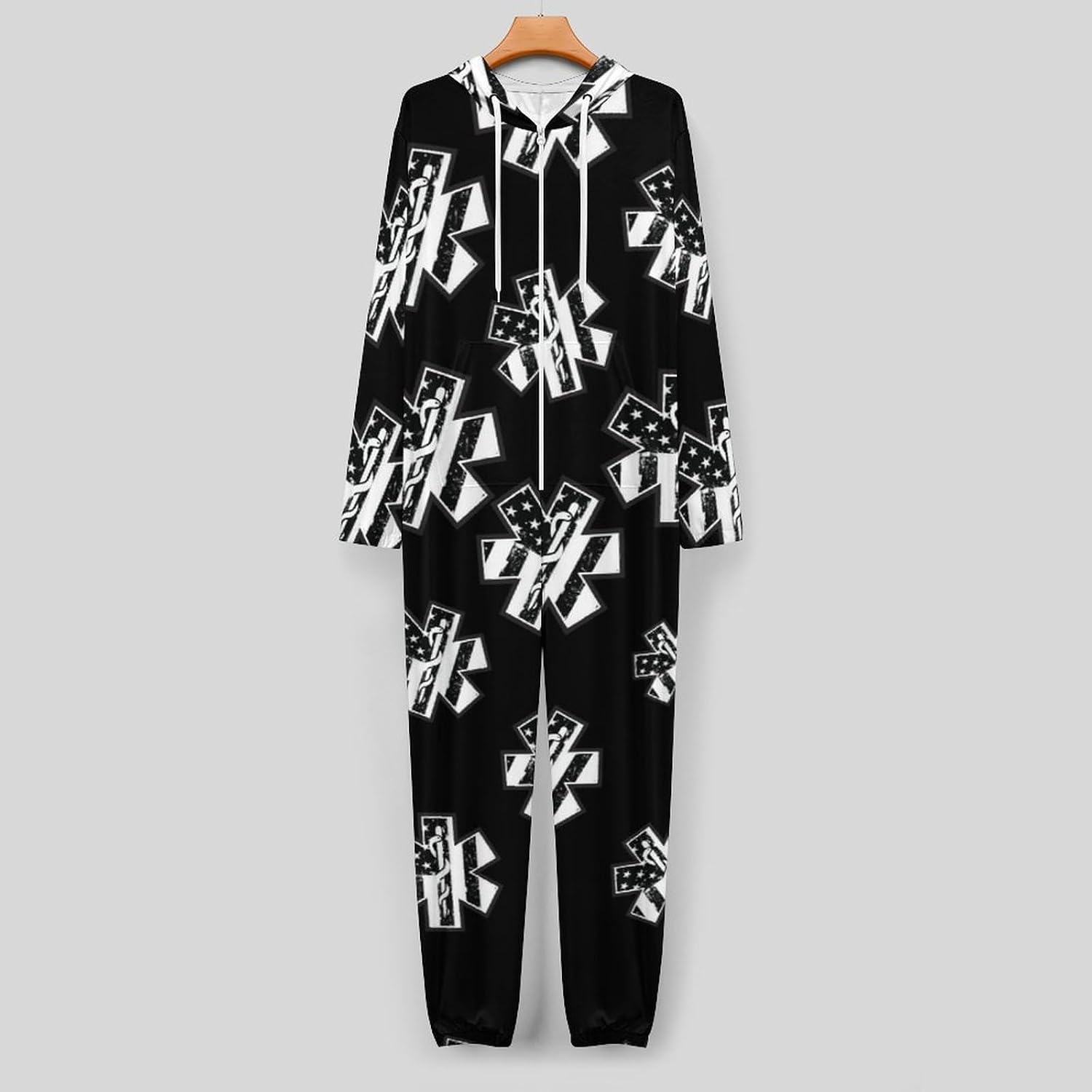 U.S.A. Flag with EMS Star of Life Adult Pajamas Onesie with Hood Pocket Jumpsuits One Piece Sleepwear