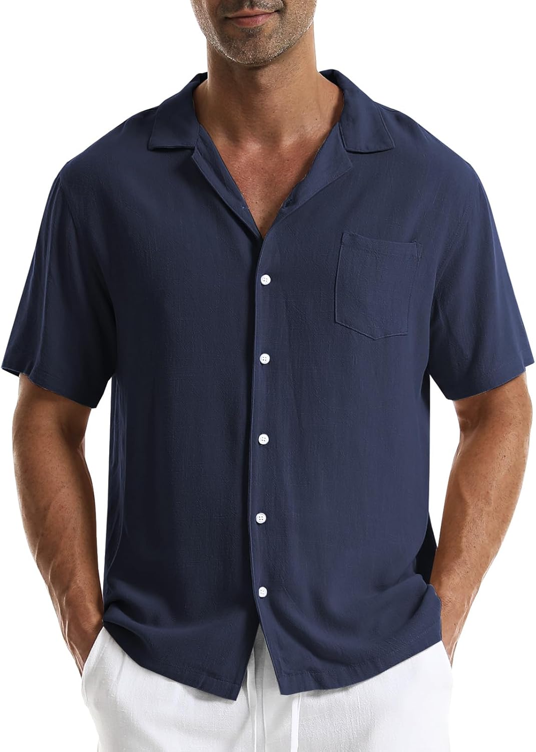 Zetieny Chemise En Coton Et Lin à Manches Courtes Pour Homme - Coupe Droite - Chemise De Plage Boutonnée Henley - Léger - Avec Poche, Blanc, M