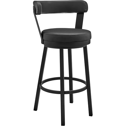 Armen Living Bryant Modern 26" Seat Height Black Faux Leather and Black Stainless Steel Metal Swivel Bar Stool for Kitchen Island Counter