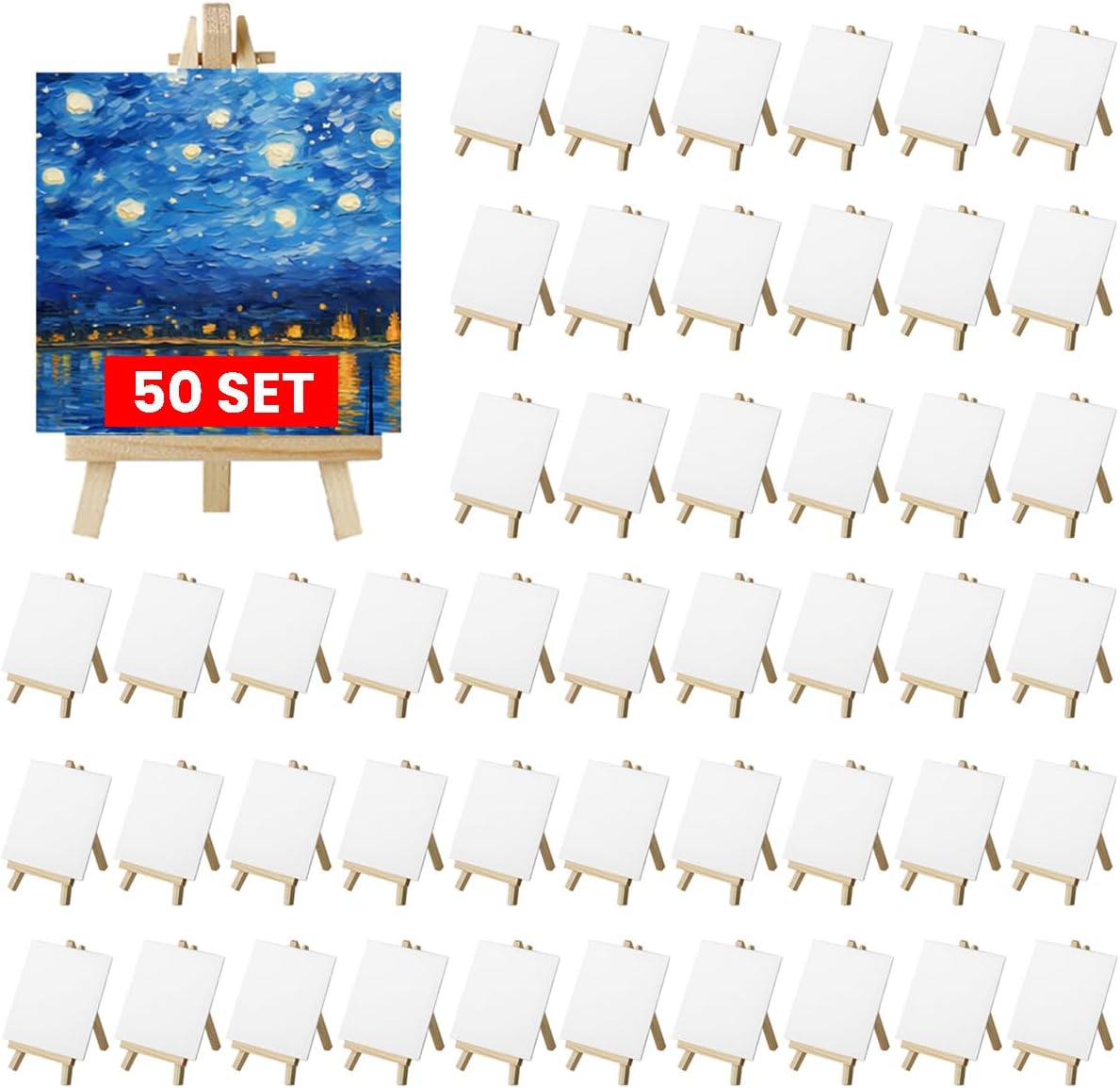 50 Pack Mini Canvas with Easel Bulk, 4 x 4 Inch Mini Canvases for Painting with Wood Easels, Small Canvas and Easle Set for Painting Crafts