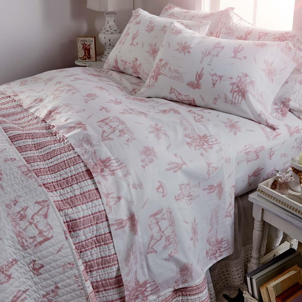 Rod's Dusty Rose Pink Cowgirl Toile-(Sheet Set)-4 Piece King Sheet Set-Pink and White-Top Sheet (112x102in)-Fitted Sheet (78x80x15in) Two Pillow Cases (20x40in)-Cotton