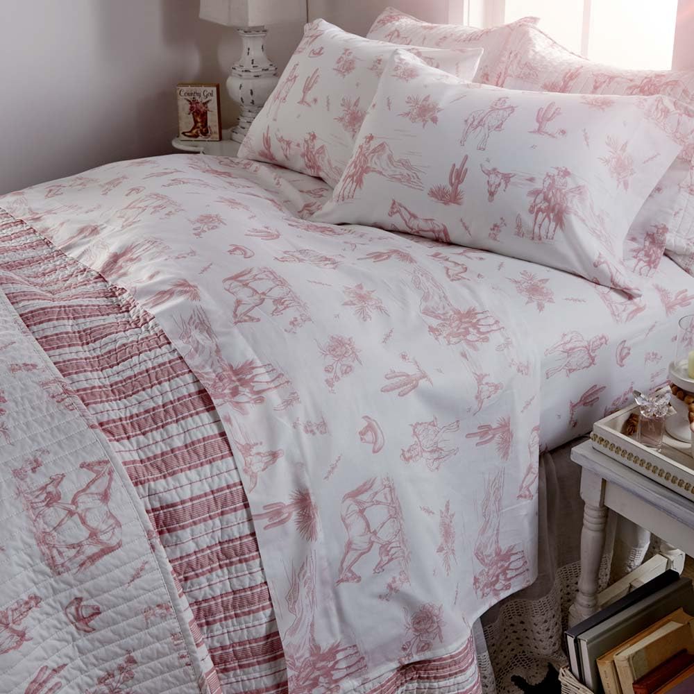 Rod's Dusty Rose Pink Cowgirl Toile-(Sheet Set)-4 Piece Queen Sheet Set-Pink and White-Top Sheet (92x102in)-Fitted Sheet (60x80x15in) Two Pillow Cases