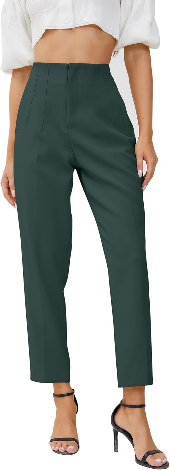 Women's High Waisted Business Trousers Straight Leg Pleated Office Slacks Pants