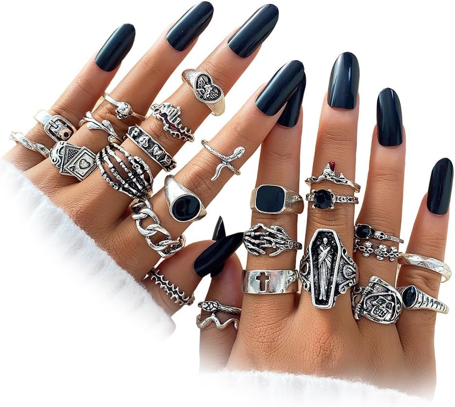 Vintage Silver Knuckle Rings Set for Women, Stackable Joint Finger Statement Rings Bohemian Retro Hollow Carved Midi Rings, Boho Halloween Skeleton Skull Snake Heart Chunky Stacking Rings Pack