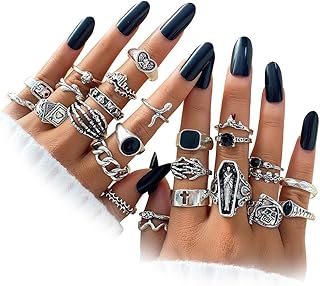Vintage Silver Knuckle Rings Set for Women, Stackable Joint Finger Statement Rings Bohemian Retro Hollow Carved Midi Rings, Boho Halloween Skeleton Skull Snake Heart Chunky Stacking Rings Pack