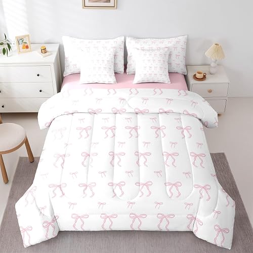 Erosebridal Queen Size Cute Bow Comforter Set with Sheets for Teen Girl | Coquet
