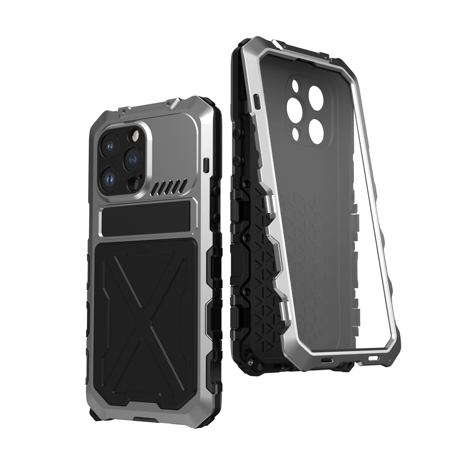 PUCHENDurable Full Body Heavy Duty Shockproof Drop Outdoor Metal Case for Iphone 14 Pro Max, with Kickstand Camera Screen Protector Snap Fit Installation (Silver)