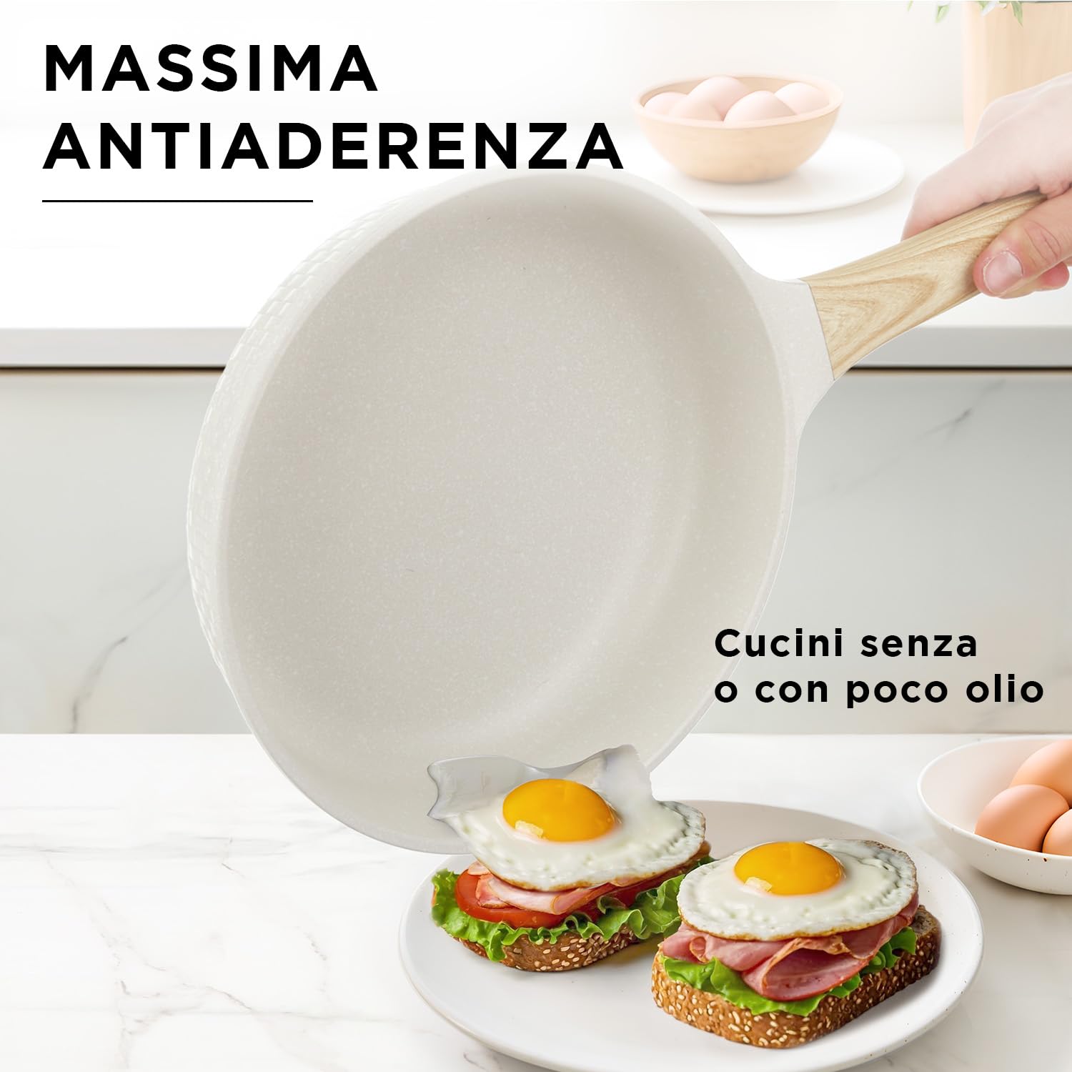 KASANOVA Batteria pentole antiaderenti 6 pezzi Bambù, Padelle e casseruole per induzione e tutti i piani cottura, Set pentole bianco con manici effetto legno