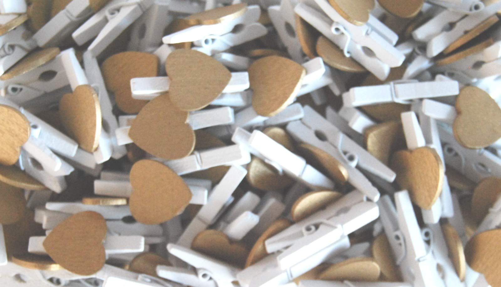 Celloexpress Gold 30Mm Love Hearts On Mini White Wooden Craft Pegs - Pack Of 100