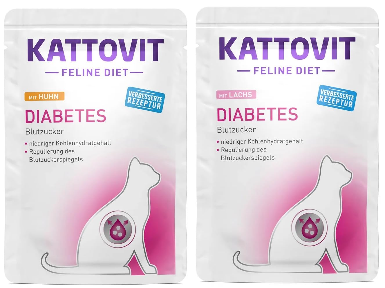 Kattovit Feline Diet Diabetes/Gewicht 20 x 85 g Bundle | Diät-Nassfutter für Katzen mit Diabetes | 10x Huhn & 10x Lachs | fettarm | ballaststoffreich | mit L-Carnitin für Gewichtsmanagement