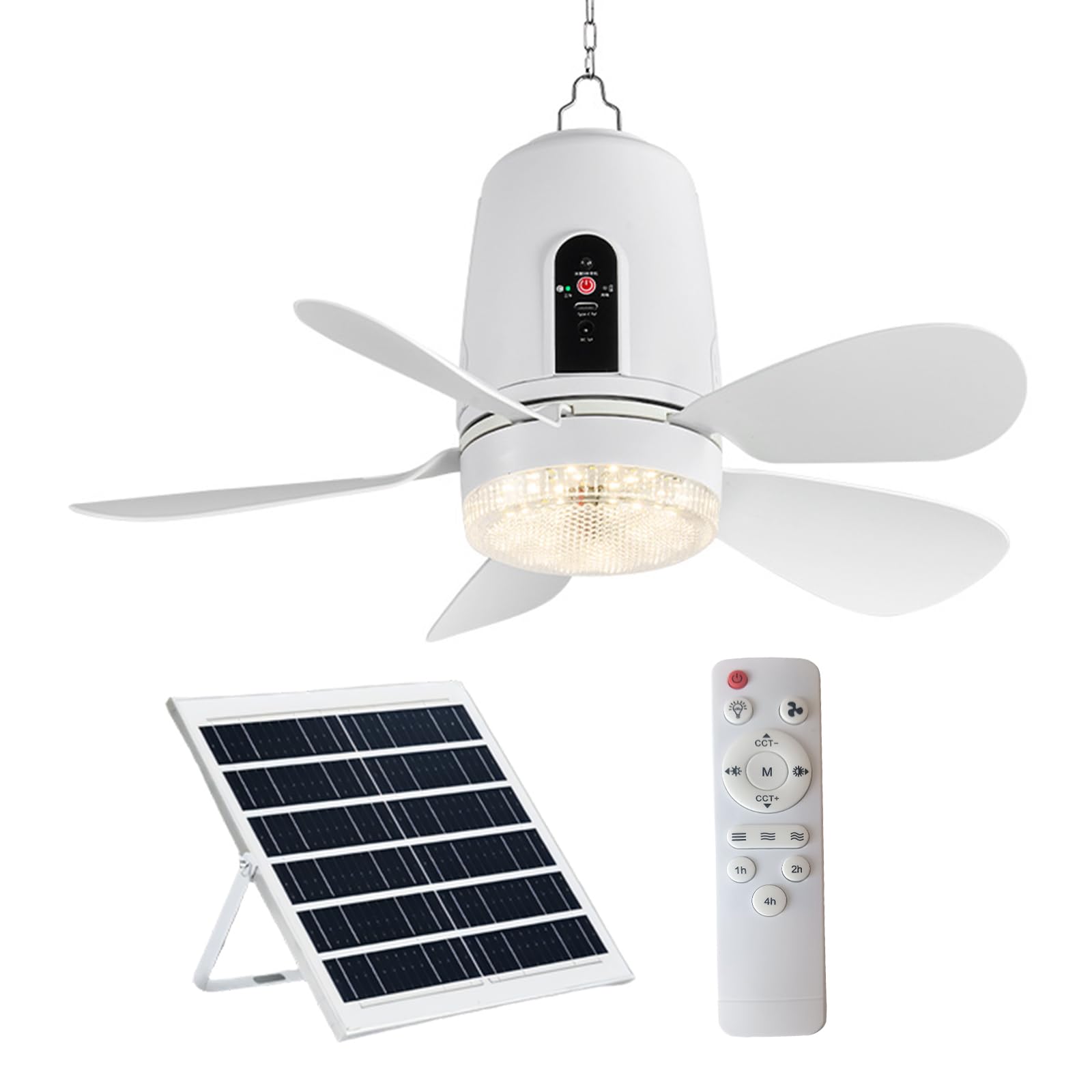 Solars - Ventilatore da soffitto con luce LED con pannello solare e telecomandi, ventilatore portatile da 41,5 cm, da campeggio, con pannello