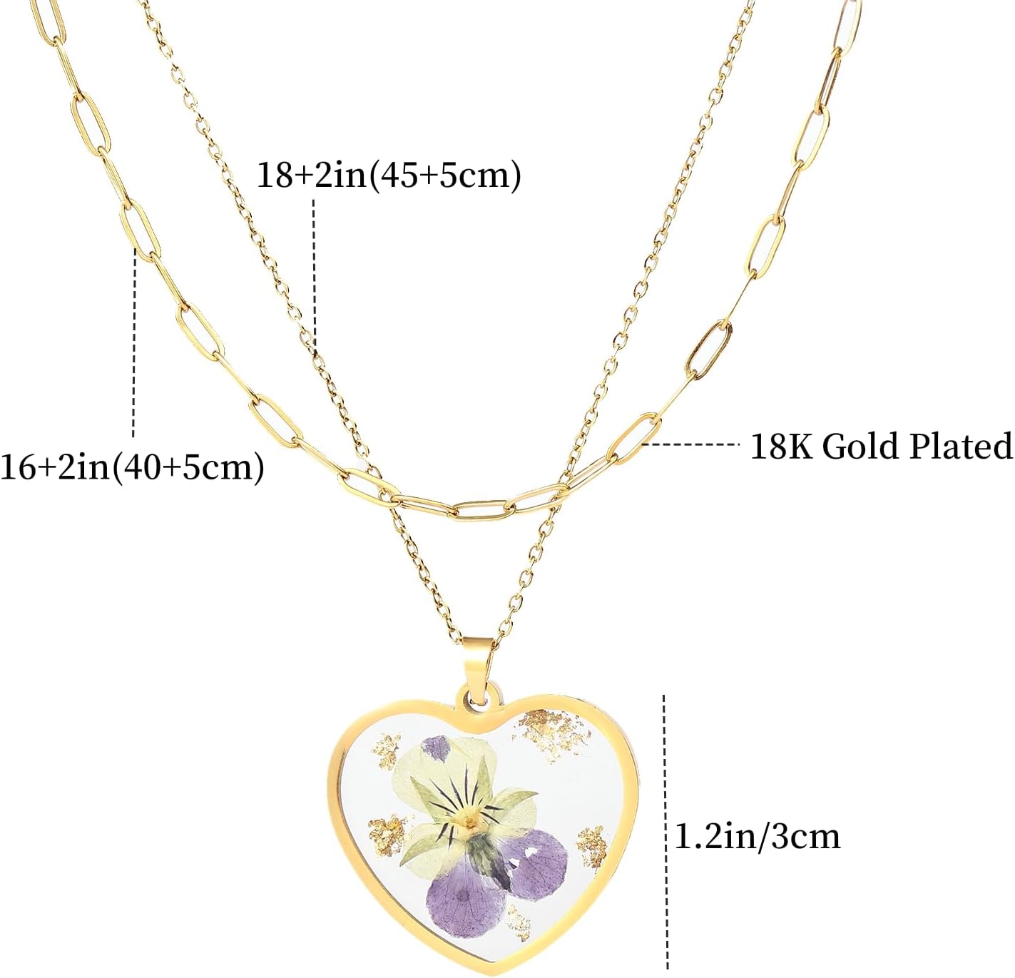 Lit Wall Birth Flower Necklaces for Women Gold 2Pcs 18K Gold Plated Handmade Pressed Flower Necklace Heart Shaped Birth Month Flower Necklace Flower Pendant Necklace Birthday Gifts for Women - Image 2