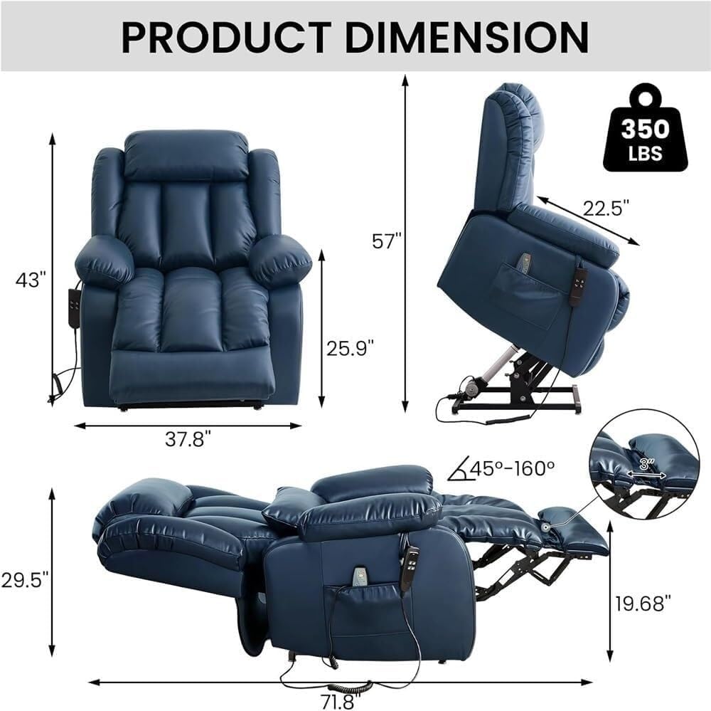 Electric Power Lift Recliner Chair with Heat and Massage, Adjustable Back and Legs Leather Reclining Sofa with USB Ports & Side Pockets, Heavy Duty Lift Chair for Elderly Living Room