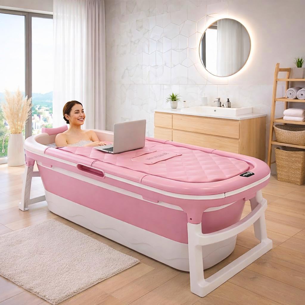 Hukimoyo 6 Feet Bathtub for Adults (148×62×50 cm) Foldable with Temperature Meter & Bath Pillow Portable bath tub for Bathtroom Spa Tub Home Freestanding Hot & Ice Bath For Adults-image-45