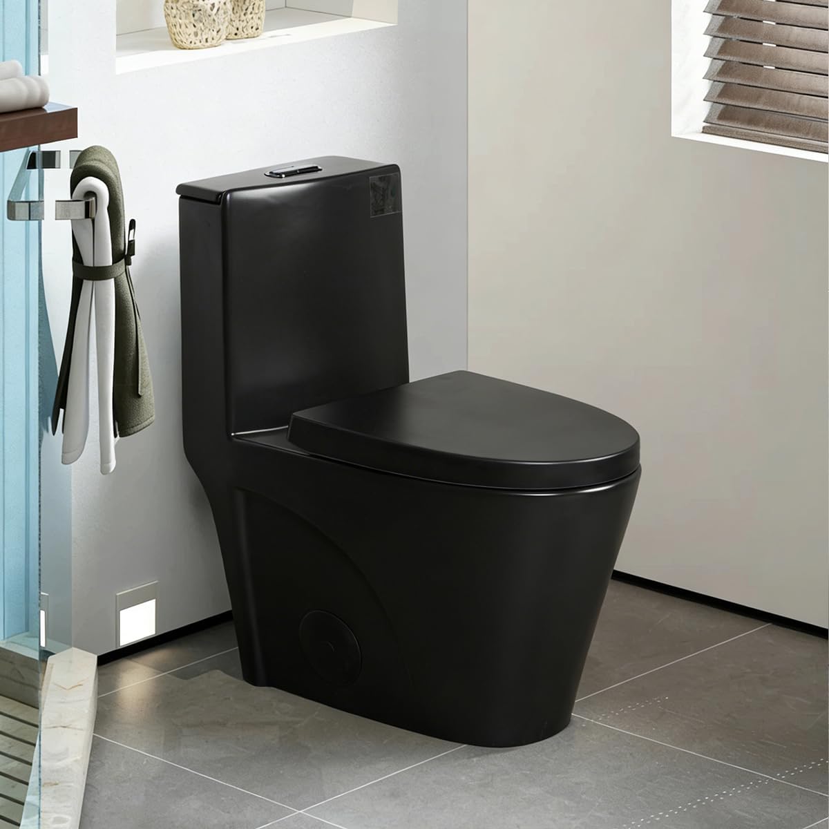KEIKI One-Piece Toilet Dual Flush Elongated Comfort Height 1.1/1.6 GPF WaterSense Certified Ceramic with Soft-Close Seat, Standard 12" Rough-In Skirted Trapway Design for Powder Room, Matte Black