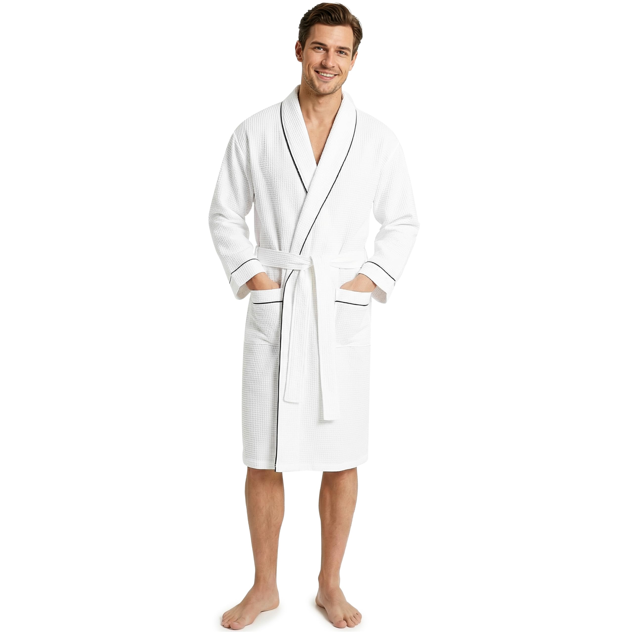 Get Trend Men’s Waffle Bathrobes M-3XL, Shawl Collar Robes, Lightweight Men’s Dressing Gown, Cosy Housecoat Loungewear, Gifts for Him (M, White)
