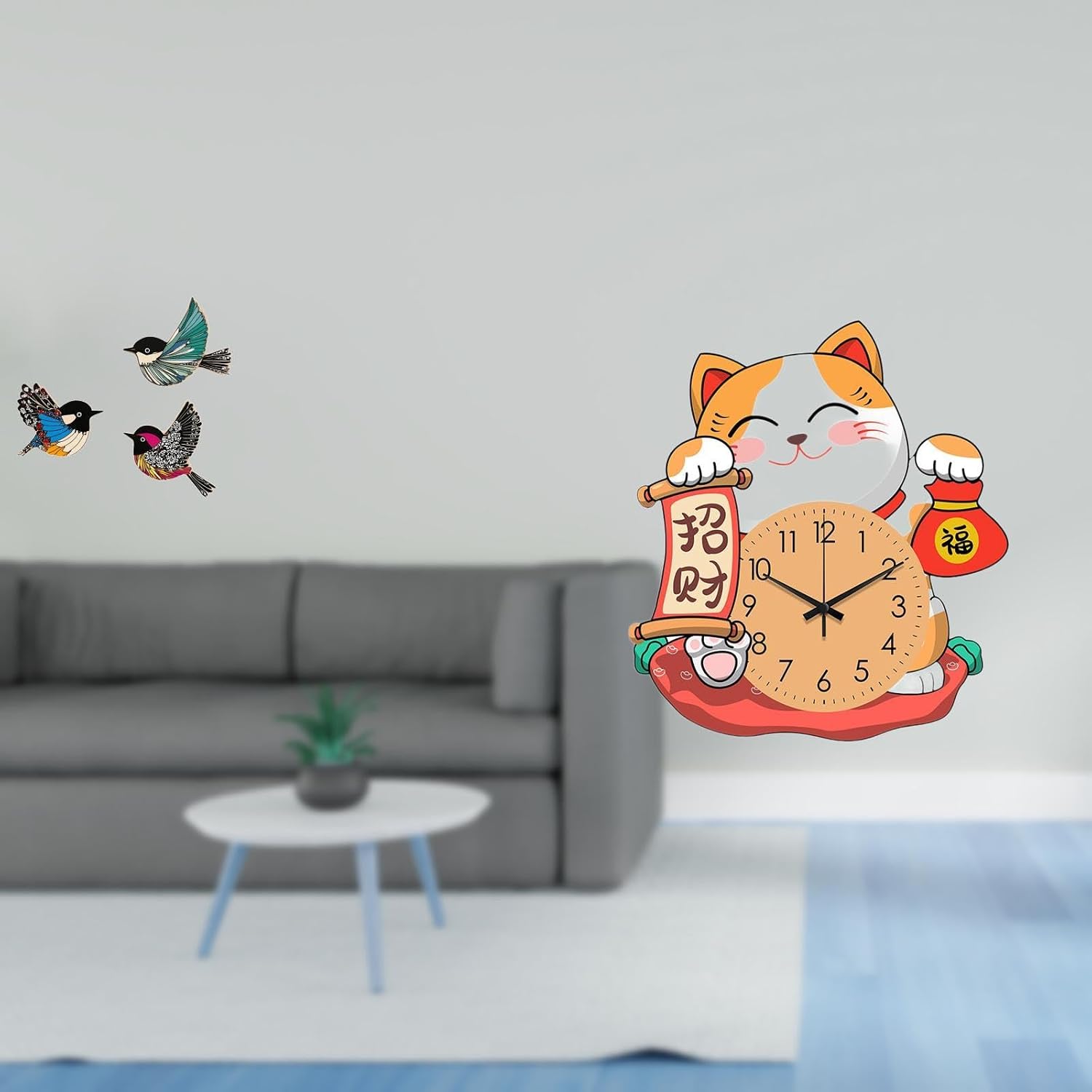 Baoblaze Wooden Bird Cat Wall Art Silent Non Ticking Clock Decor for Garden Study Room Farmhouse Kids Office Bedroom Kitchen Household Hanging Signs