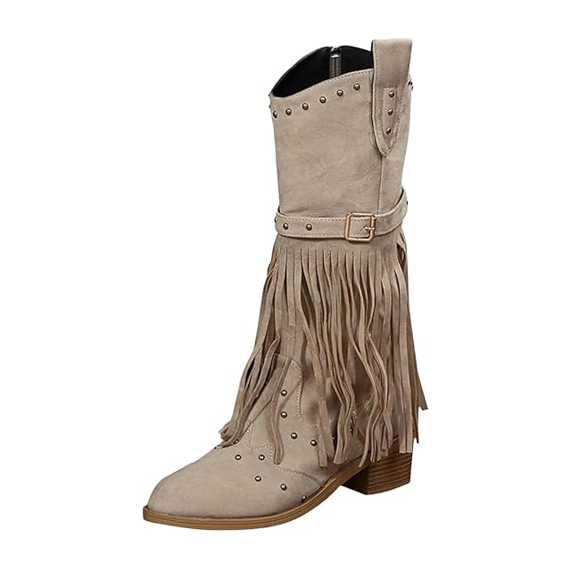 Fringe Cowboy Boots for Women Cowgirl Western Tassel Boot Pointed Toe Chunky Heel Boots Casual Knee High Booties