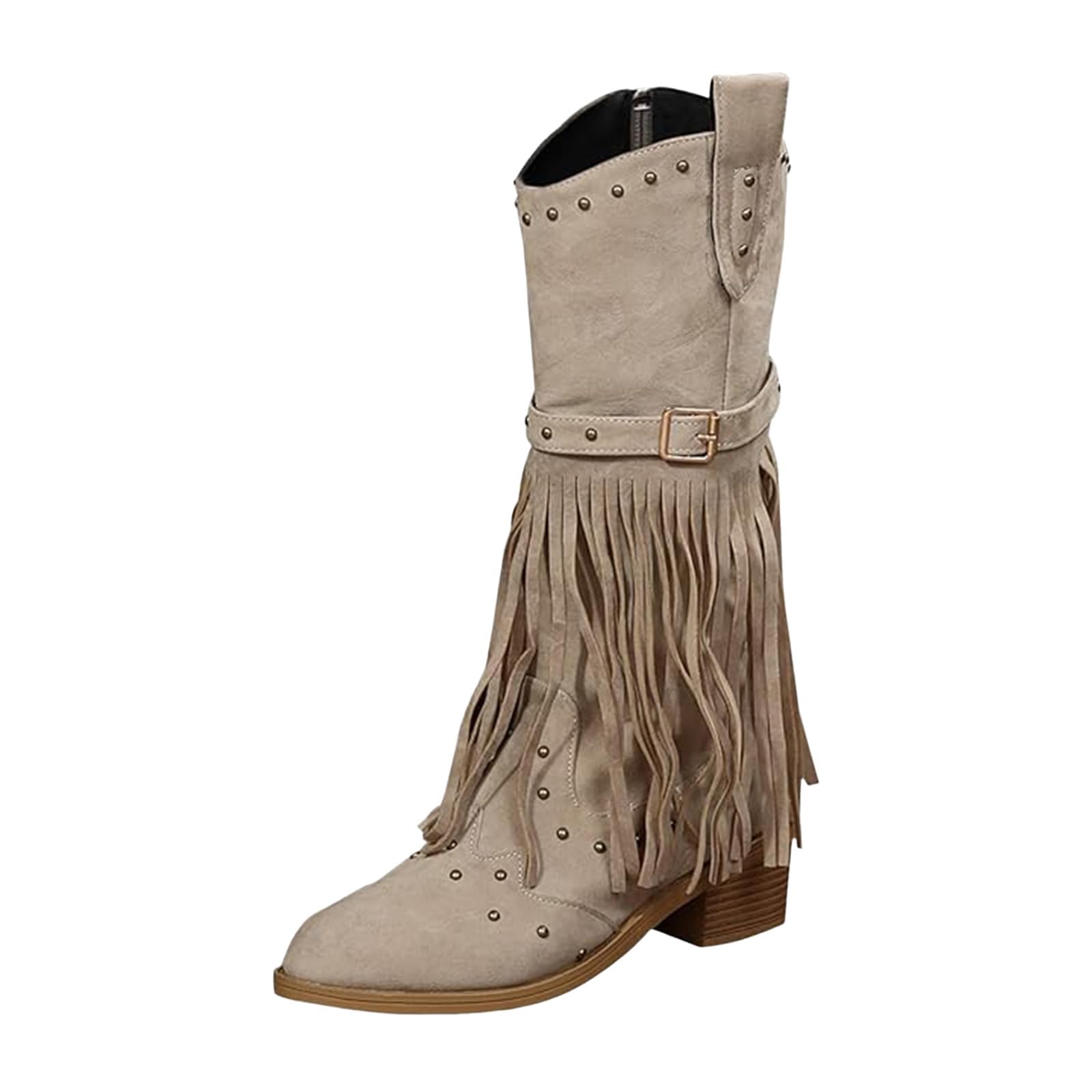 Fringe Cowboy Boots for Women Cowgirl Western Tassel Boot Pointed Toe Chunky Heel Boots Casual Knee High Booties
