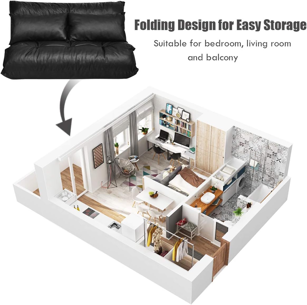 Giantex Convertible Sofa Bed, Floor Couch with 2 Pillows, PU Leather Loveseat Recliner, Folding Lazy Sleeper Sofa, 5 Position, Video Gaming Sofa Mattress for Reading Living Room Bedroom