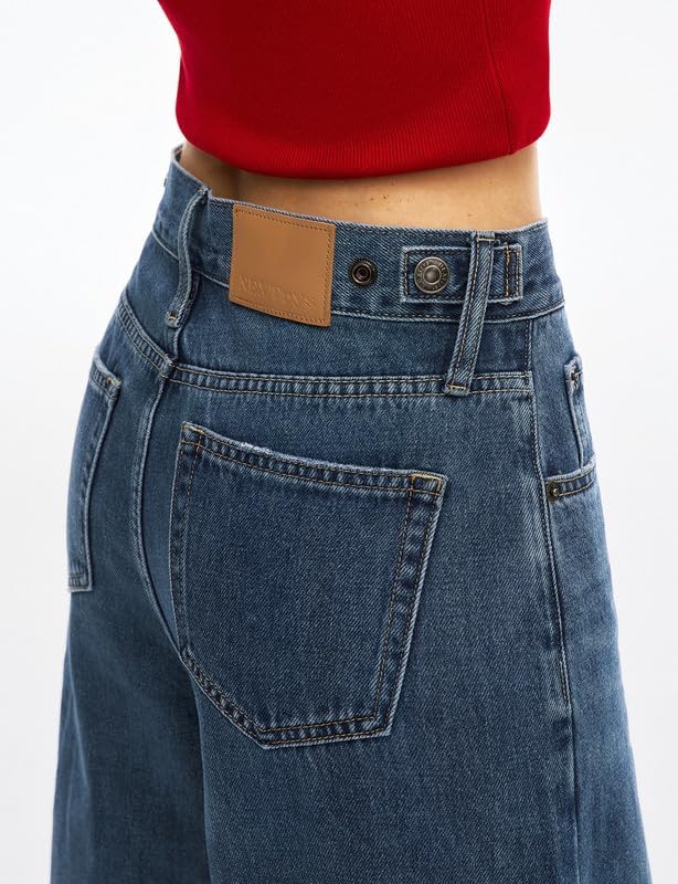 Women’s Adjustable Wasit Baggy Jeans with Snap-Button Waistband Wide Straight Leg High Rise Jeans Denim Pants Y2K Trousers