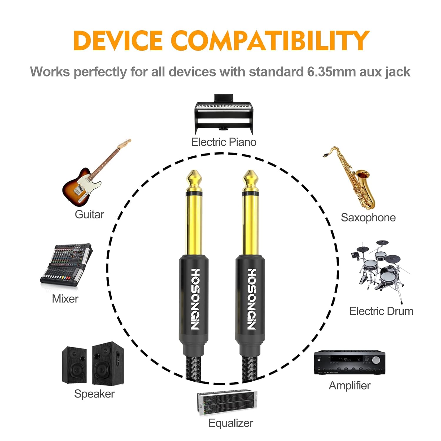 HOSONGIN 1/4 Inch Guitar Instrument Cable 3.3ft 2-Pack [Nylon Braided Shielded], 1/4 Inch to 1/4 inch TS Male to Male Plug Mono Audio Cord, Quarter Inch 6.35mm Unbalanced Interconnect Line - 3.3 feet : Musical Instruments