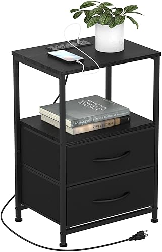 DOMYDEVM Mesita de noche con estación de carga, moderna mesa auxiliar con puertos USB y tomacorrientes, mesa de noche negra con 2 cajones de