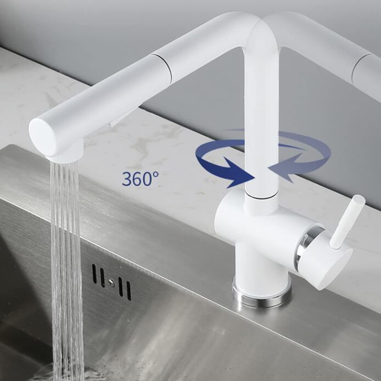 Kitchen Faucets with Pull Out Spray, Kitchen Mixer Faucet Stainless Steel Swivel Hot and Cold Water Dual Mode Multifunction Pull Out Kitchen Sink Faucet-White(Black)