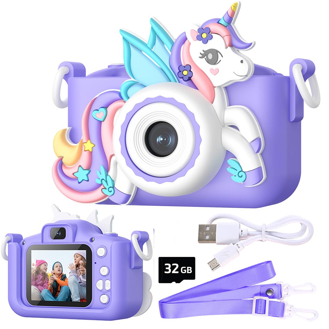 Wembley Unicorn Camera for Kids Toys 3-12 Years Old Girl Boys Gifts 32GB SD Card 1080P HD Video Cute Selfie Digital Kids Camera for Toddler Birthday Gift for 3 4 5 6 7 8 9-12 Years Old - Purple
