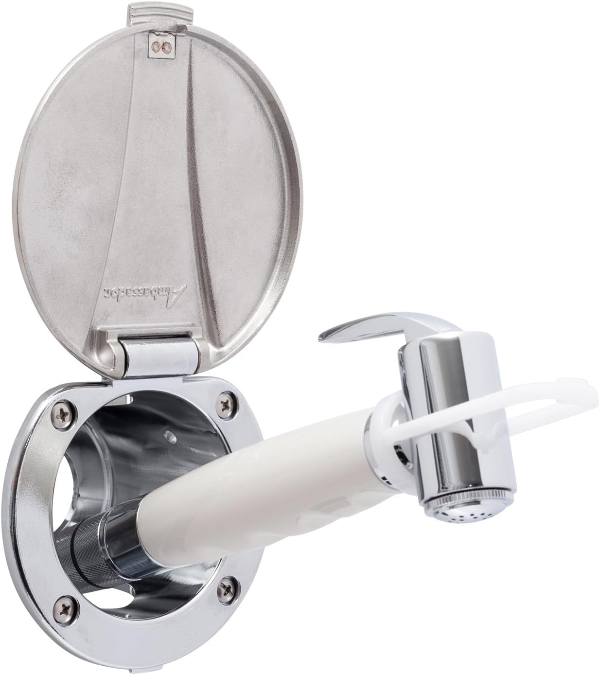 Ambassador Marine Recessed Shower- Chrome Cup with Stainless Steel Lid, Hammer-Head Warm White Sprayer, 10' White Rubber Hose - 136-0044-CW-W