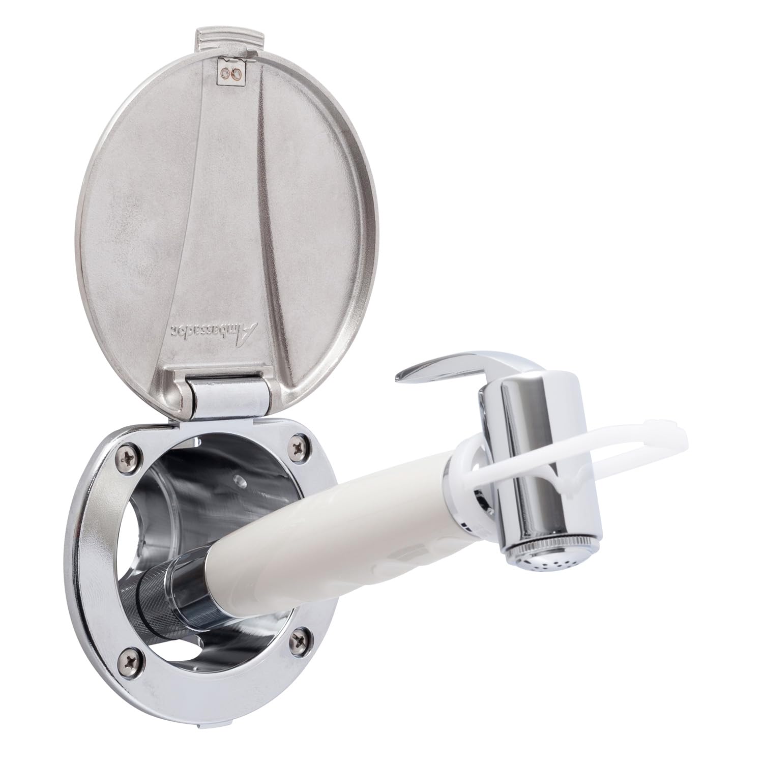 Recessed Shower- Chrome Cup with Stainless Steel Lid, Hammer-Head Warm White Sprayer, 6' White Rubber Hose - 136-0042-CW-W