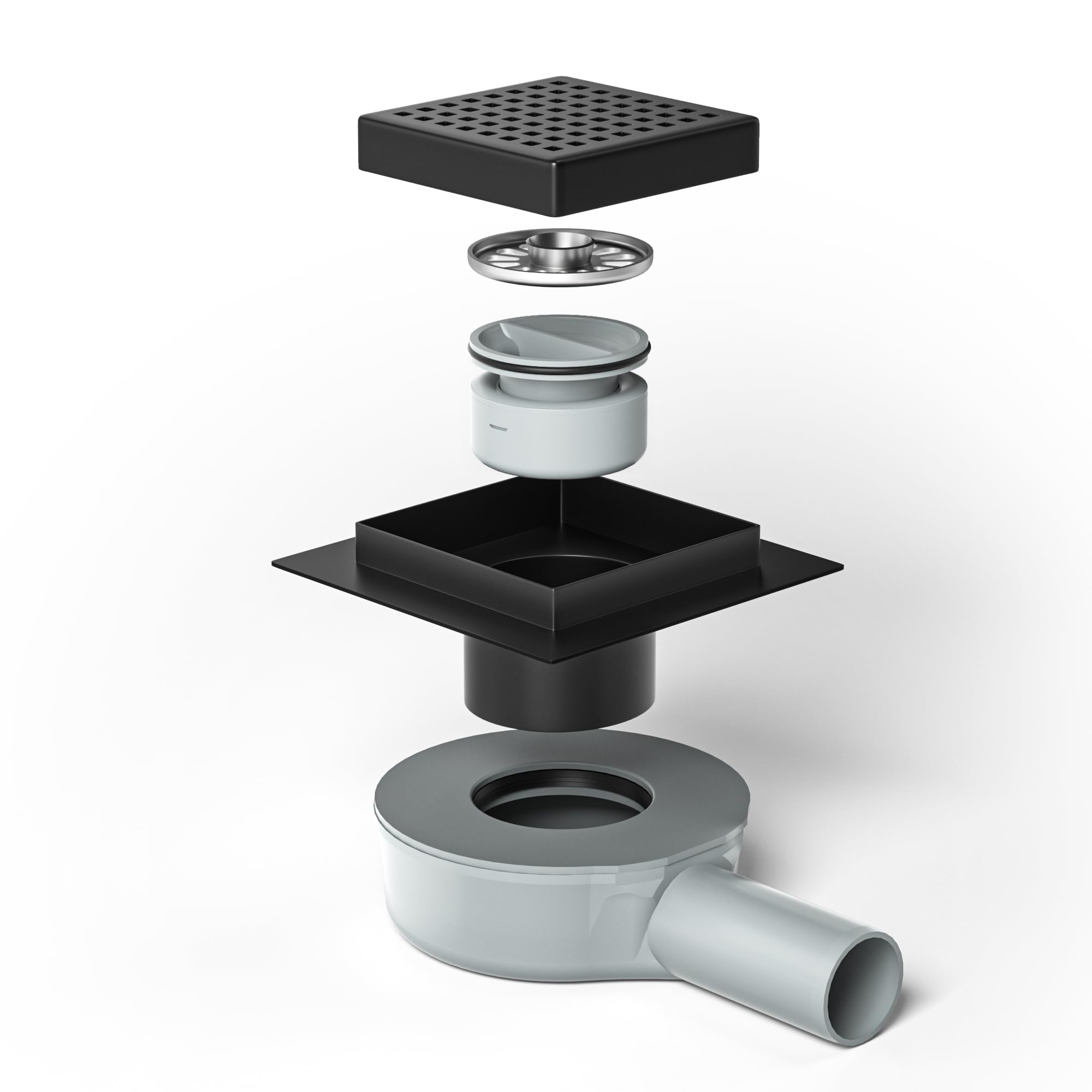 Caniveau de douche carré en acier inoxydable, 10 x 10 cm, avec siphon à 360° et filtre à cheveux, 2 adaptateurs de vidange DN50 DN40, caniveau d'écoulement plat, noir