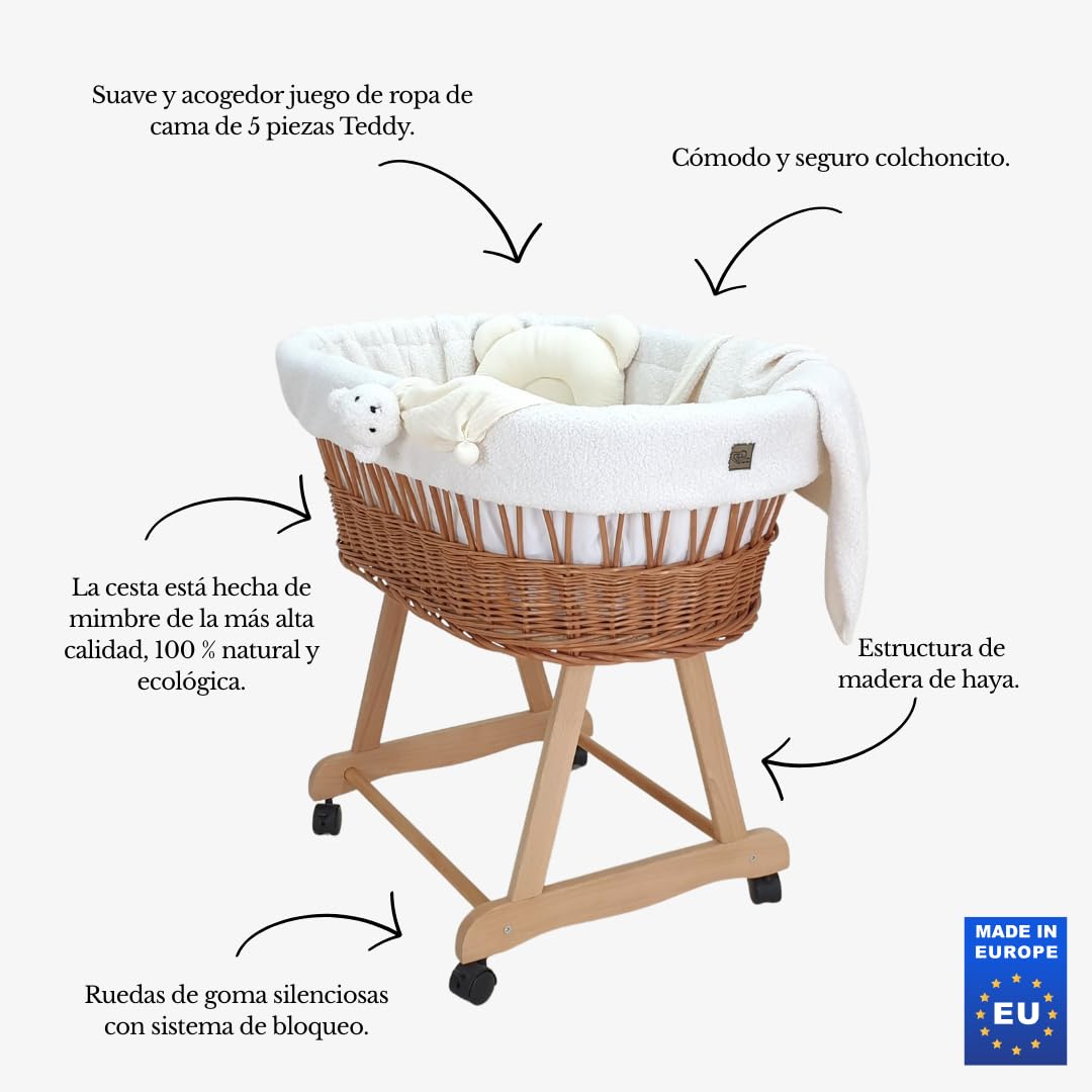 Wiklinopol Cuna Amelia – Moisés Tejido a Mano Natural con Soporte y colchón – Juego de Ropa de Cama Teddy de 5 Piezas Ecru – Moisés portátil con Ruedas – Ideal para recién Nacidos