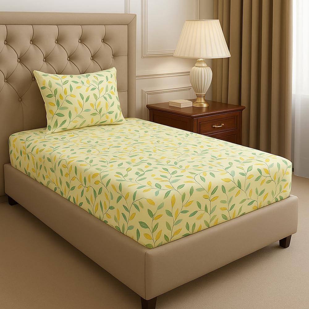 BSB HOME Premium Cotton Elastic Fitted Bedsheets with 1 Pillow Covers |Floral Printed Single Bed Elastic 220 TC Supersoft Breathable & Wrinklefree | for 72x36+6 Inches, Beige and Brown