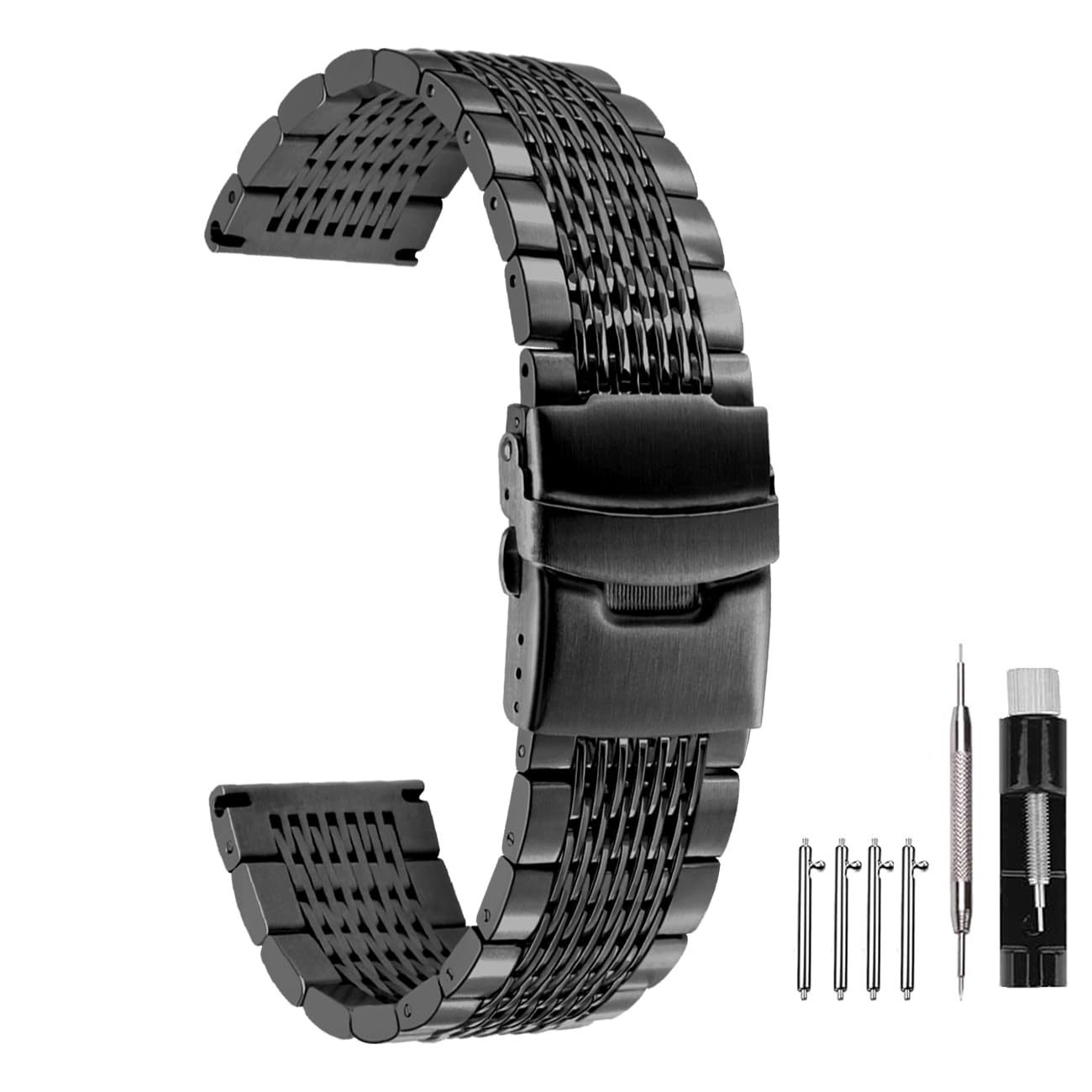 Kai Tian Silver Black Premium Stainless Steel Watch Band Mesh Watch Strap for Men Women, Double Locks Deployment Clasp Watch Bracelet Replacement Metal Band 18mm 20mm 22mm 24mm