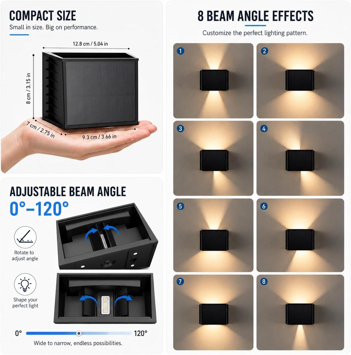 Lámparas solares para exteriores, 3000 K, lámpara de pared solar para exteriores, IP65, resistente al agua, lámparas solares de 0° - 120°, ángulo de haz ajustable para jardín, balcón, terraza
