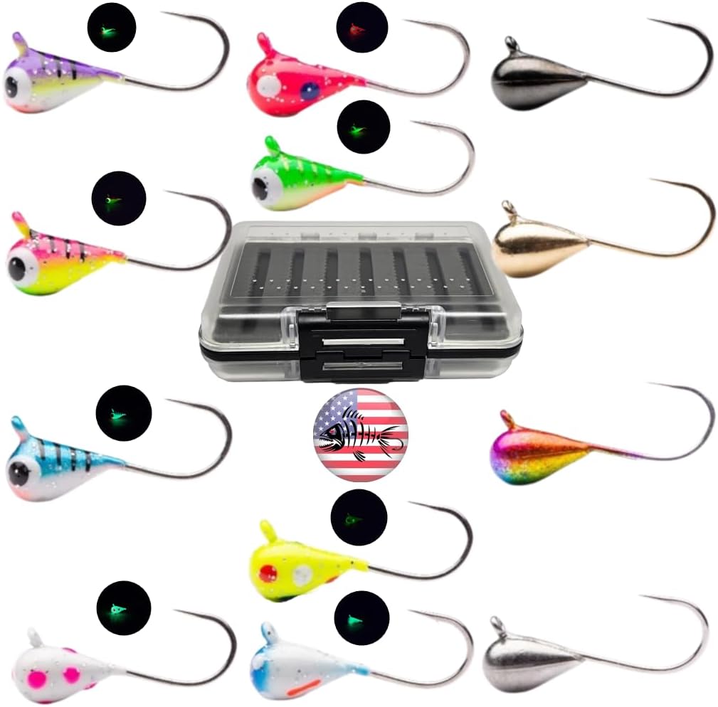 Tungsten UV Glow Ice Fishing Jigs- Chaotic 24 Pack Free Tackle Box Case Included 6mm 2 gm #8 Hook Lure Bait Walleye Crappie Panfish Trout