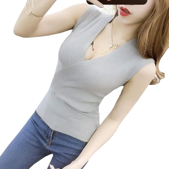 Amazon リブニット レディース カットソー トップス Vネック カシュクール カットソー レディース ノースリーブ 胸元 セクシー ニット 灰色 ワンサイズ Tシャツ カットソー 通販