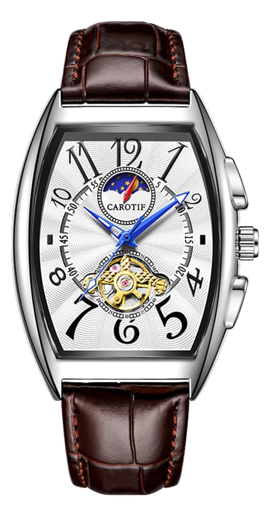 BESTKANG Orologio da polso da uomo, completamente automatico, a carica automatica, numeri arabi, lancette blu, in pelle