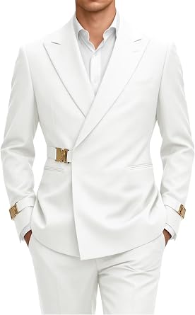 Prom 2 Piece Mens Suit with Metal Buckle Casual Jacket Wedding Tuxedo Business Slim Suits Men Outfit Work