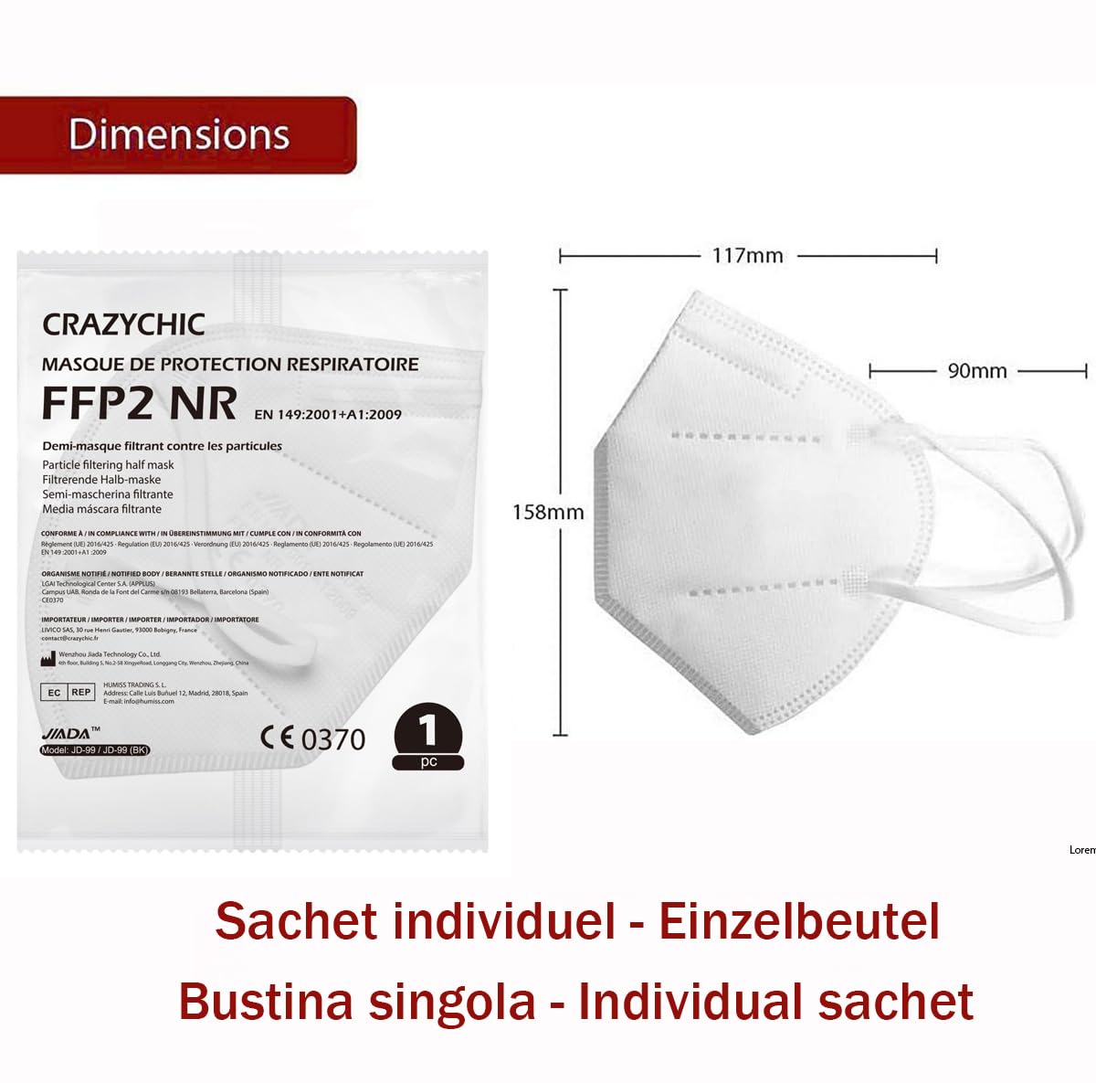 CRAZYCHIC - Masque FFP2 NR Blanc Certifié Norme CE EN149 - Masque de Protection Respiratoire - Haute Filtration 5 Couches Filtrantes - Hypoallergénique - Emballage individuel - Boîte